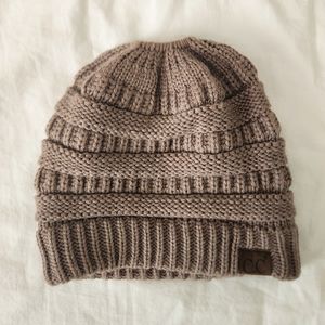 C.C Taupe Ponytail Knit Beanie